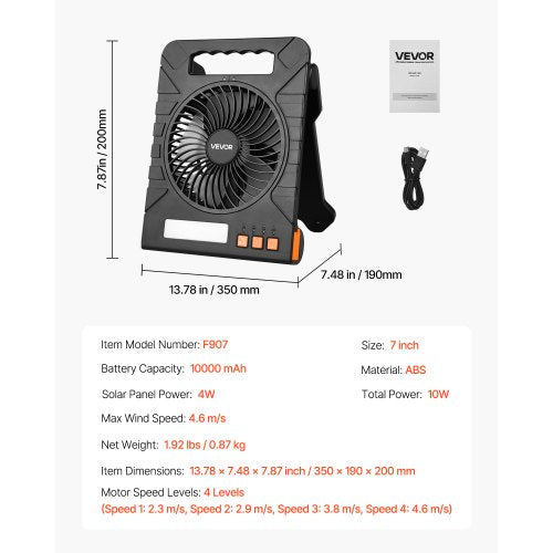 10000mAh uppladdningsbar solfläkt med LED-lykta, 18 cm bärbar fläkt sladdlös med 4W hopfällbar solpanel, 4 hastigheter & timer & tyst, USB-batteridriven för campingtält arbetsplats kontorsskrivbord | EU