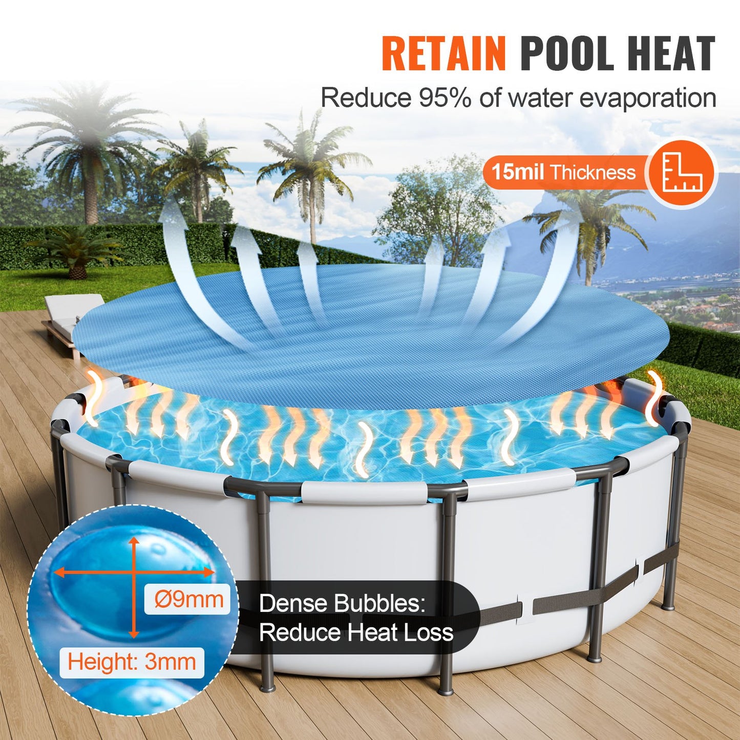 Solar Pool Cover, Φ10 ft Rund Solar Filt för Pooler, Inground Ojord Pool Solar Cover, 15 mil Solar Covers Blå