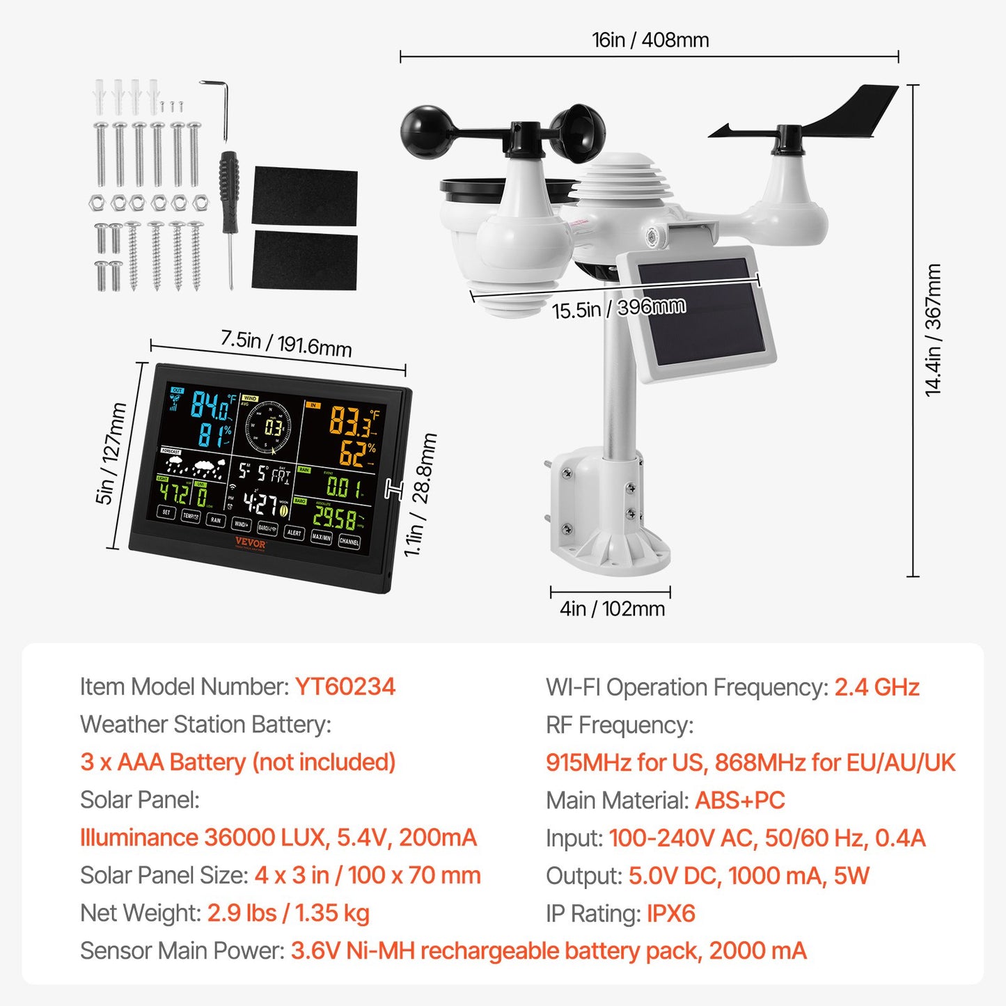 7-in-1-WLAN-Wetterstation, 7,5-Zoll-Farbbildschirm, Heimwetterstation für drinnen und draußen, mit kabellosem Solar-Außensensoralarm, für Temperatur, Luftfeuchtigkeit, Windgeschwindigkeit/Regenrichtung