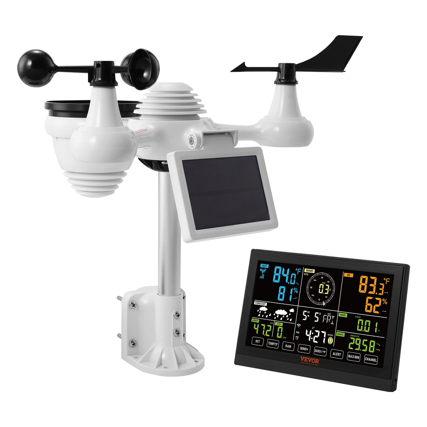 7-in-1-WLAN-Wetterstation, 7,5-Zoll-Farbbildschirm, Heimwetterstation für drinnen und draußen, mit kabellosem Solar-Außensensoralarm, für Temperatur, Luftfeuchtigkeit, Windgeschwindigkeit/Regenrichtung