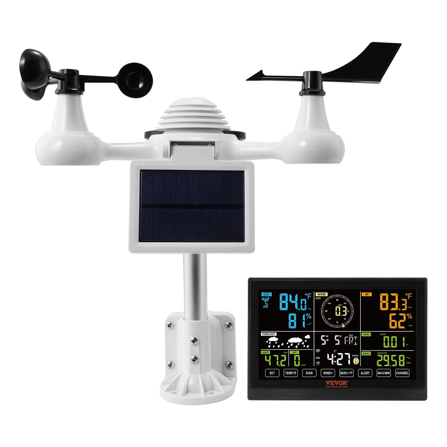 7-in-1-WLAN-Wetterstation, 7,5-Zoll-Farbbildschirm, Heimwetterstation für drinnen und draußen, mit kabellosem Solar-Außensensoralarm, für Temperatur, Luftfeuchtigkeit, Windgeschwindigkeit/Regenrichtung