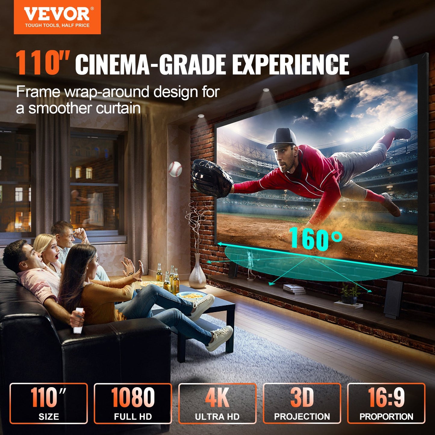 110 tums diagonal projektorskärm 16:9 4K HD-projektorduk Filmduk Fast ram 3D-projektorduk för användning i hemmet utomhus (110 tum)