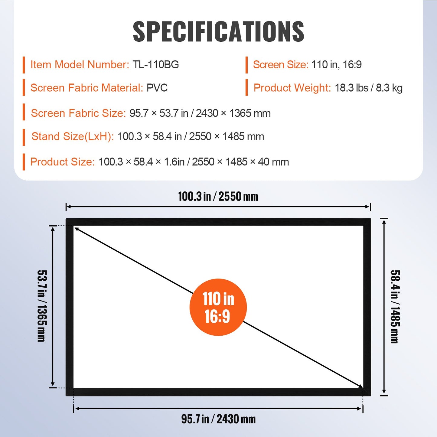 110 tums diagonal projektorskärm 16:9 4K HD-projektorduk Filmduk Fast ram 3D-projektorduk för användning i hemmet utomhus (110 tum)