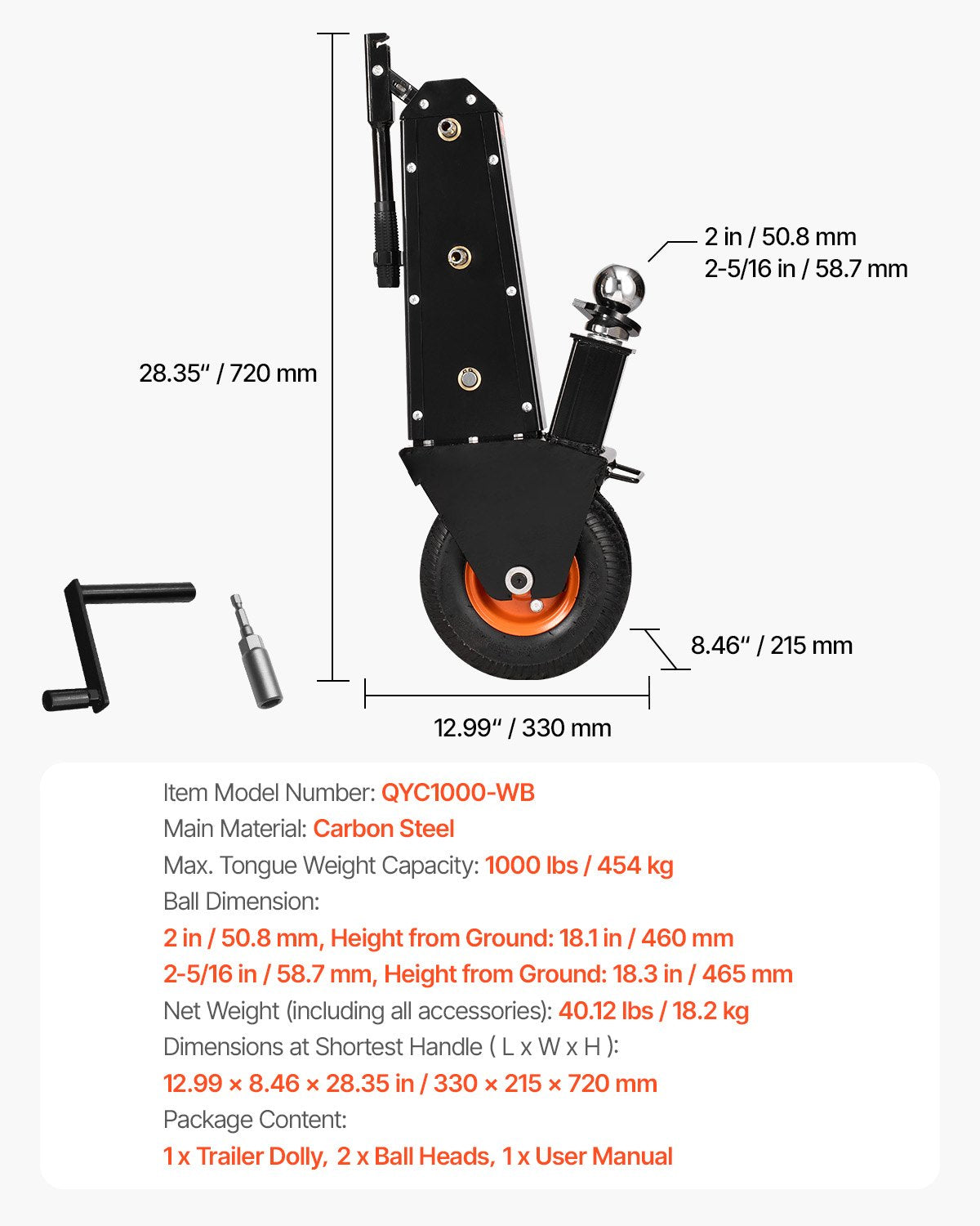 Trailer Dolly 1000lbs Viktkapacitet Trailer Mover Dolly 2 och 2-5/16 i bollar
