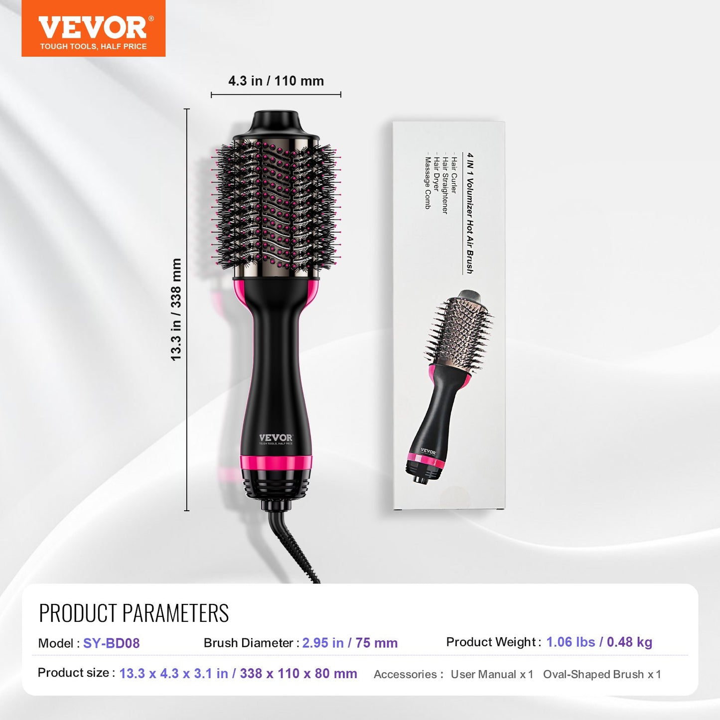Hårfönborste Ionic Hair Styler Volumizer med 75 mm ovalt fat
