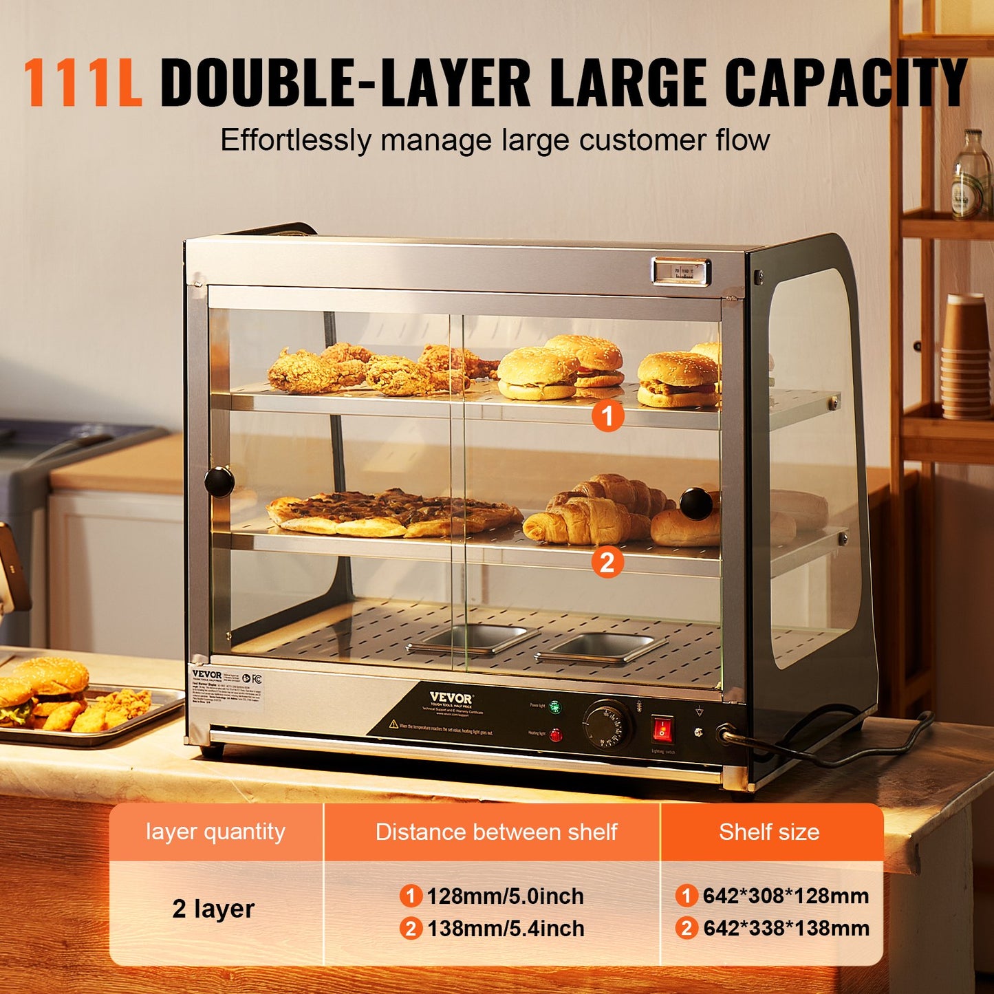 2-Tier Commercial Food Warmer Display Countertop Pizza Cabinet with Tongs
