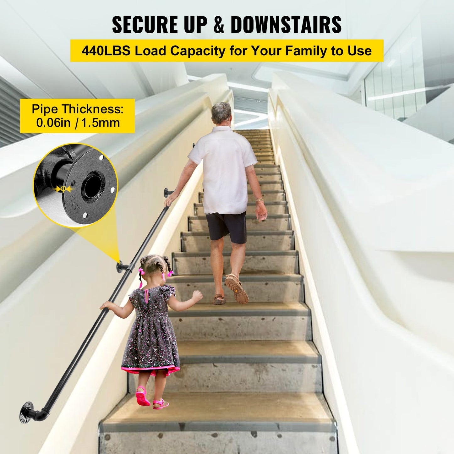 Pipe Stair Handrail, 9FT Stair Handrail, 440LBS Load Capacity Carbon Steel Pipe Handrail, Industrial Pipe Handrail with Wall Mount Support, Round Corner Wall Handrails for Indoor, Outdoor