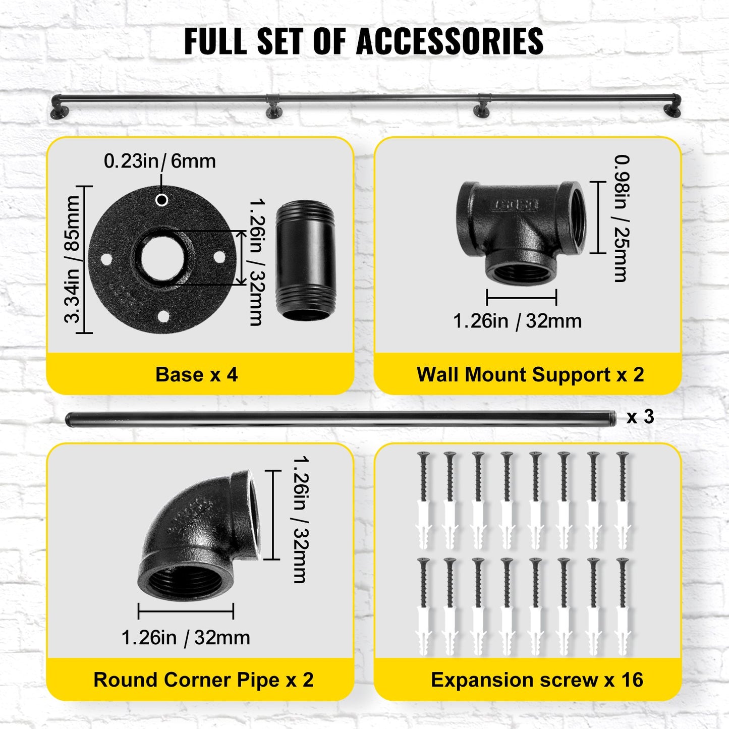 Pipe Stair Handrail, 9FT Stair Handrail, 440LBS Load Capacity Carbon Steel Pipe Handrail, Industrial Pipe Handrail with Wall Mount Support, Round Corner Wall Handrails for Indoor, Outdoor