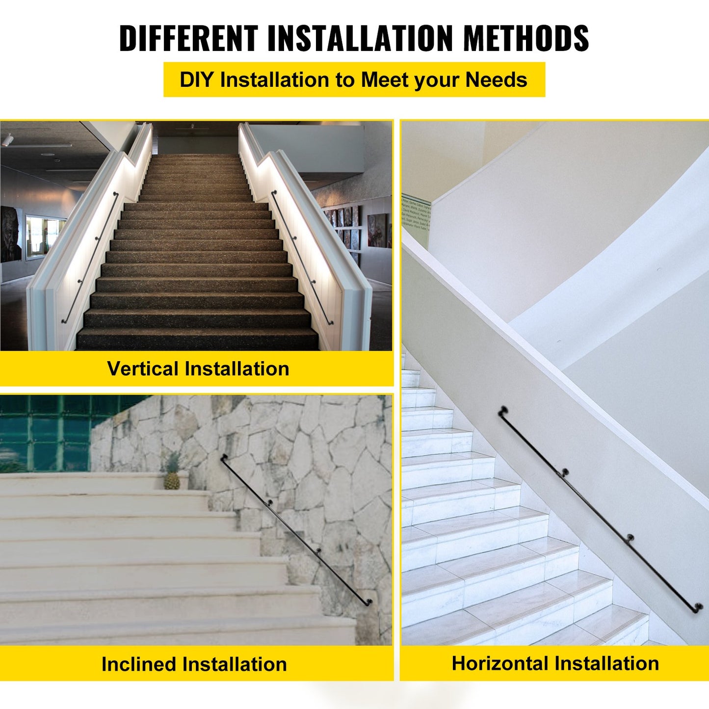 Pipe Stair Handrail, 9FT Stair Handrail, 440LBS Load Capacity Carbon Steel Pipe Handrail, Industrial Pipe Handrail with Wall Mount Support, Round Corner Wall Handrails for Indoor, Outdoor
