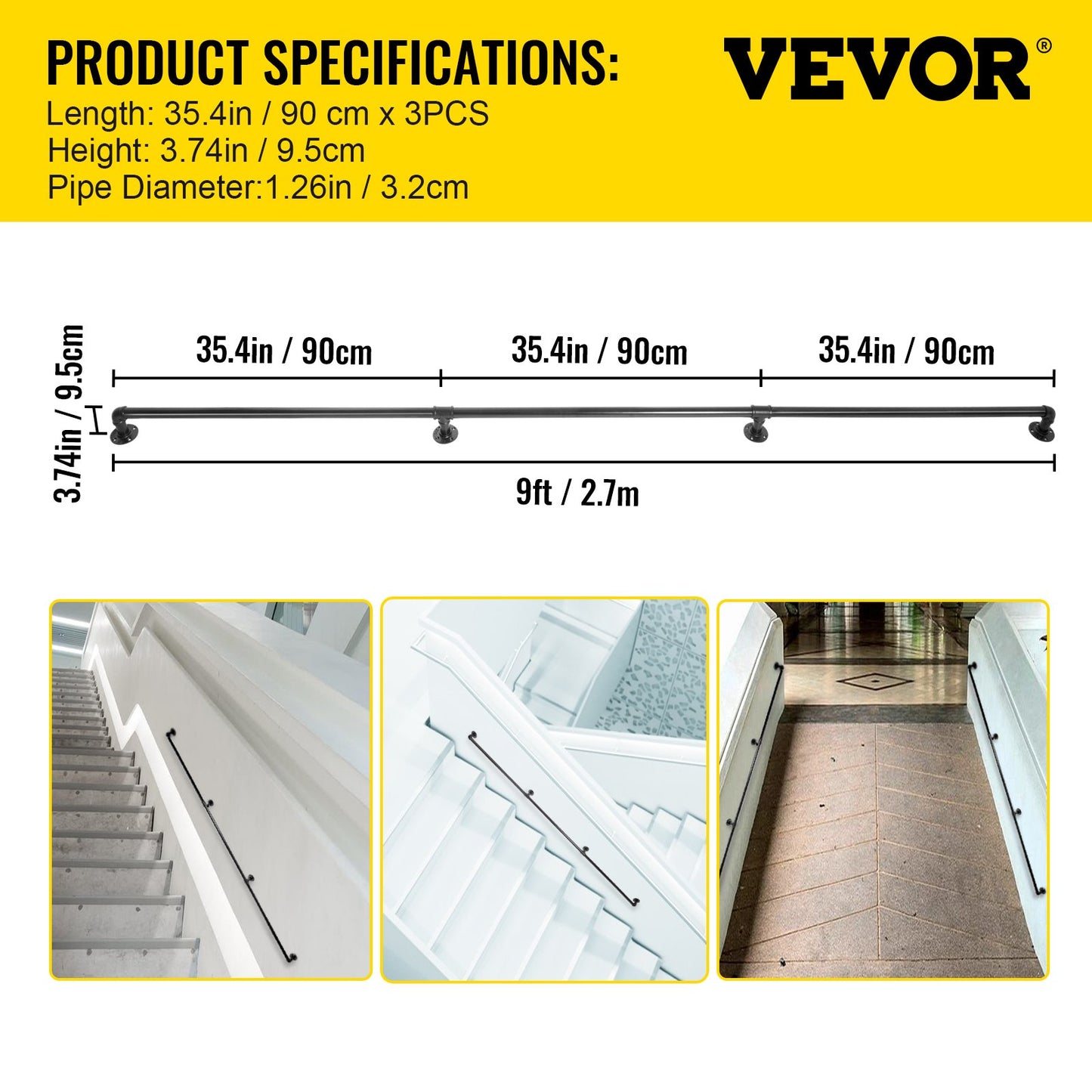 Pipe Stair Handrail, 9FT Stair Handrail, 440LBS Load Capacity Carbon Steel Pipe Handrail, Industrial Pipe Handrail with Wall Mount Support, Round Corner Wall Handrails for Indoor, Outdoor