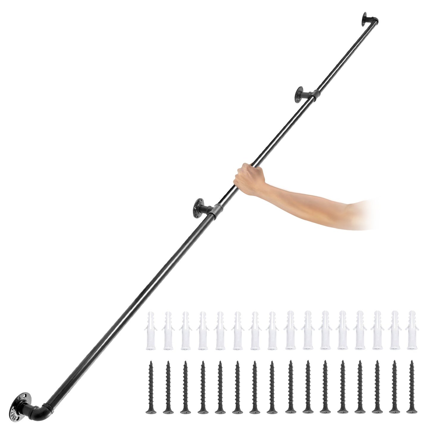 Pipe Stair Handrail, 9FT Stair Handrail, 440LBS Load Capacity Carbon Steel Pipe Handrail, Industrial Pipe Handrail with Wall Mount Support, Round Corner Wall Handrails for Indoor, Outdoor