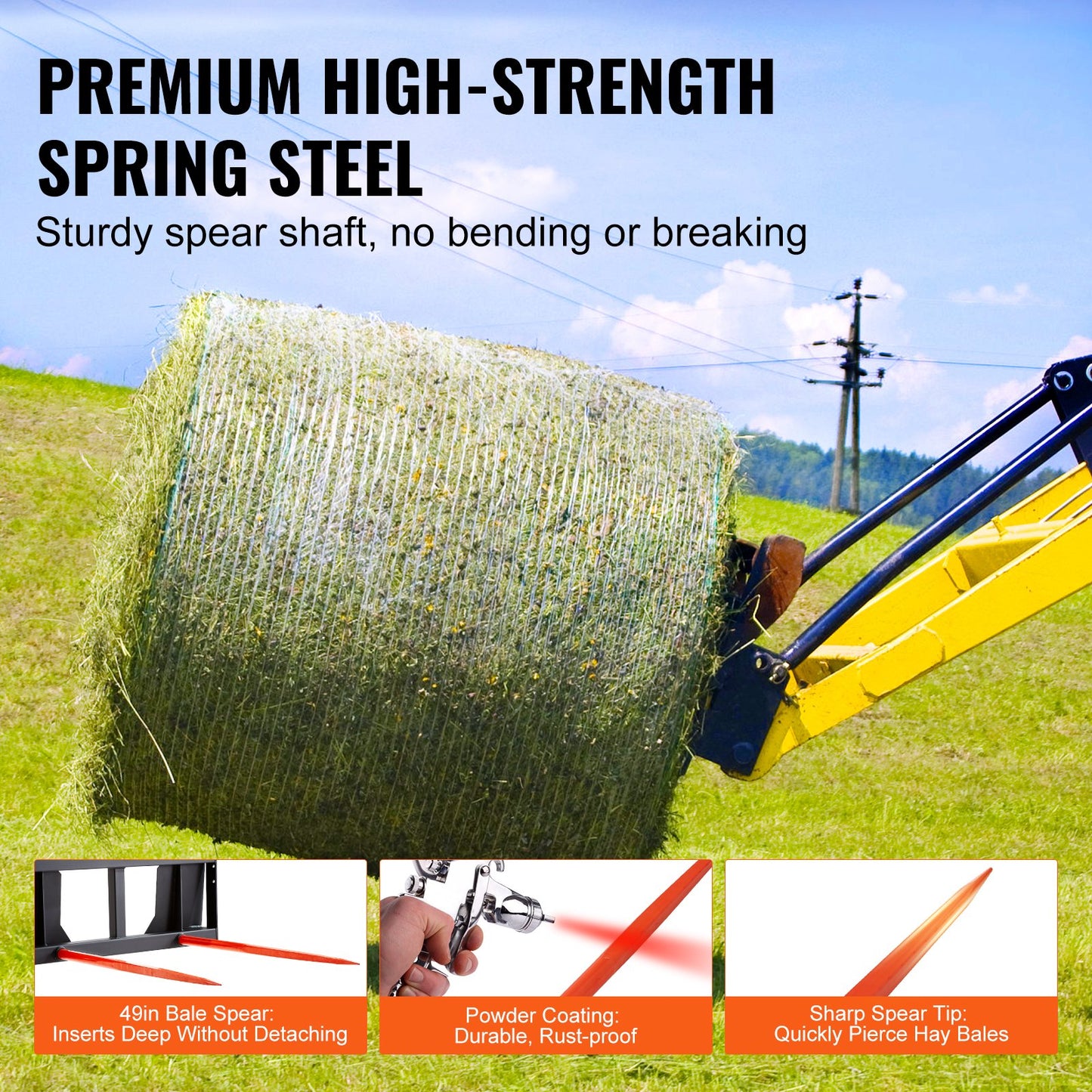 49" hay spear, bale spear 3000lbs load capacity, skid steer loader Tractor accessories 2 spears, quick coupler nail forks