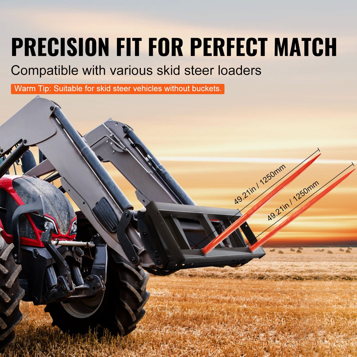 49" hay spear, bale spear 3000lbs load capacity, skid steer loader Tractor accessories 2 spears, quick coupler nail forks