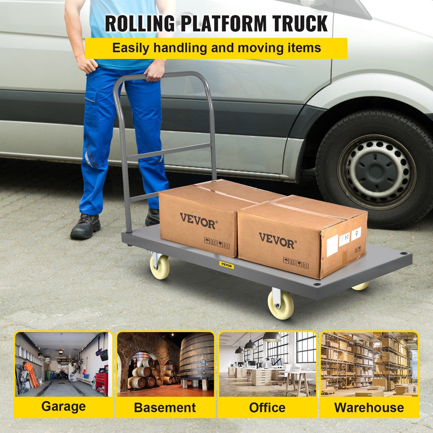 Plattformwagen, 2000 lbs Tragkraft, Stahl-Pritschenwagen, 47" Länge x 24" Breite x 32" Höhe, Flachwagen, Handwagen mit 5" Nylonrädern, Hochleistungs-Mehrzweck-Schiebekarren zum Transport von Gepäck