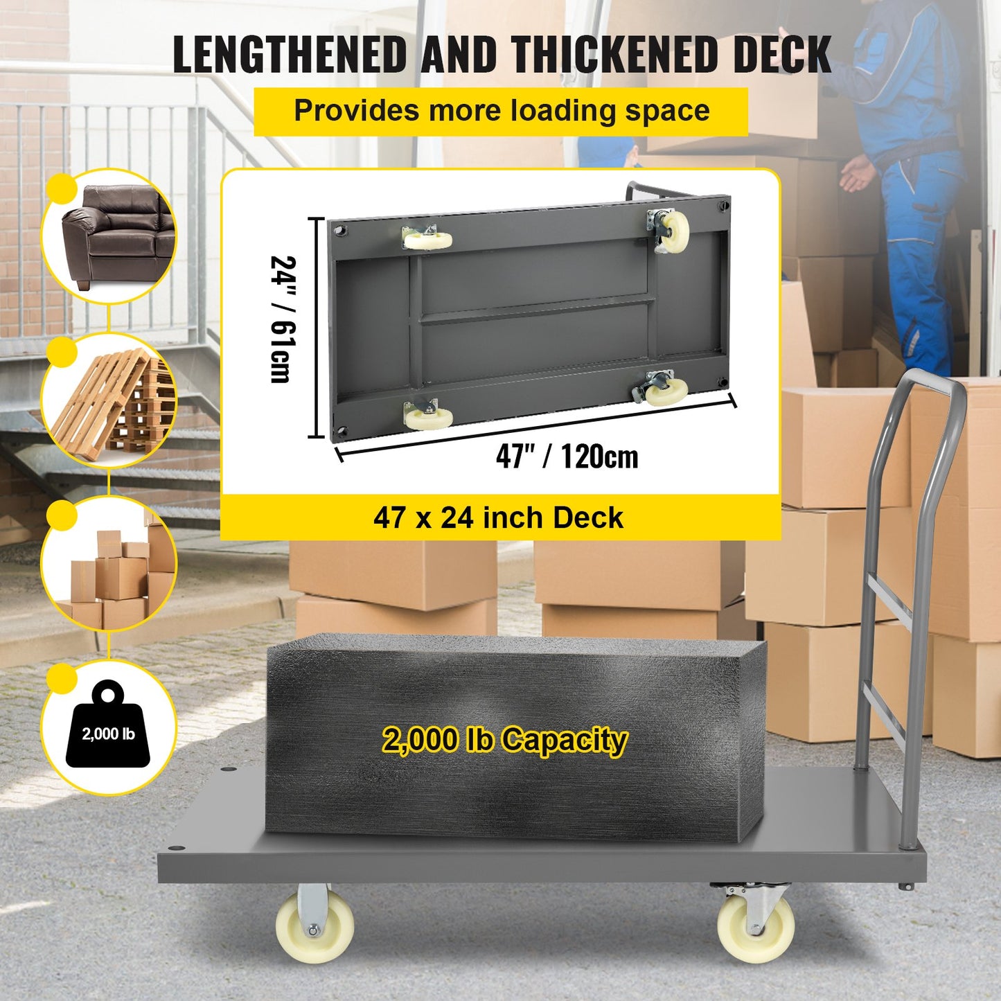 Plattformwagen, 2000 lbs Tragkraft, Stahl-Pritschenwagen, 47" Länge x 24" Breite x 32" Höhe, Flachwagen, Handwagen mit 5" Nylonrädern, Hochleistungs-Mehrzweck-Schiebekarren zum Transport von Gepäck