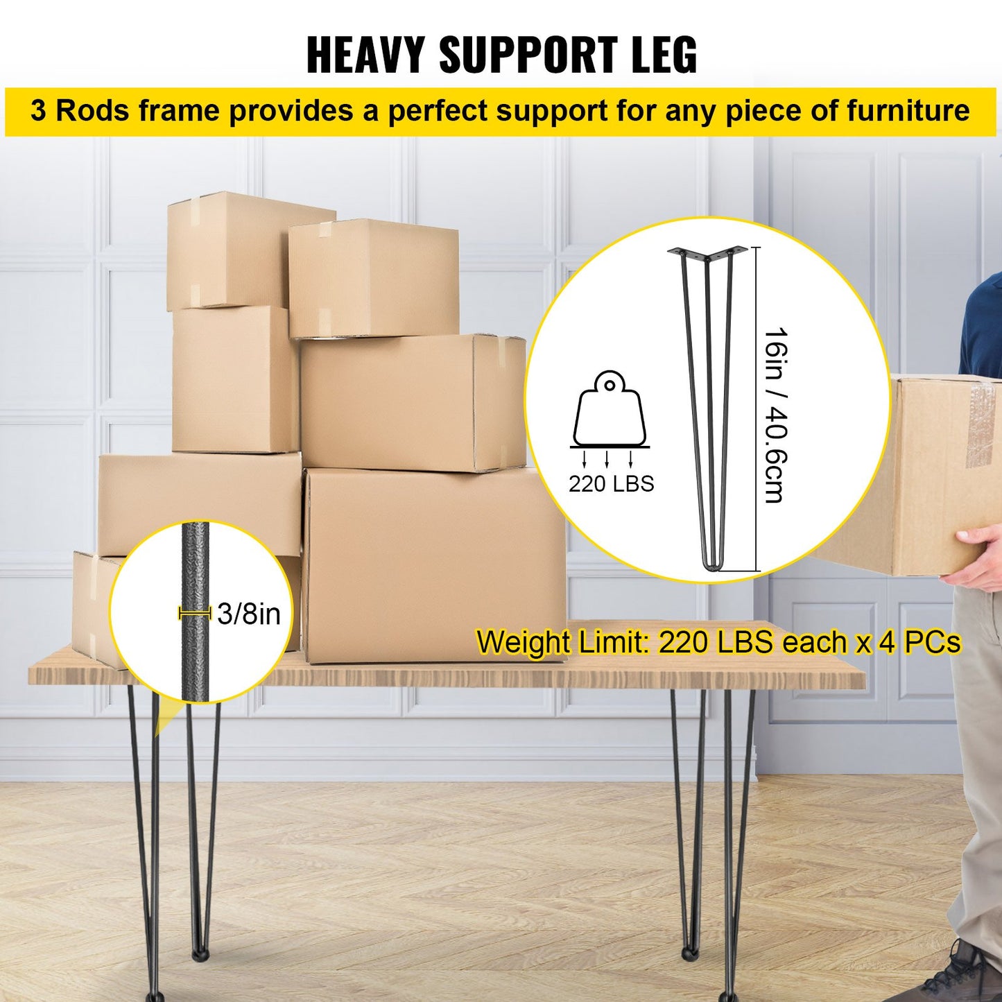 Hairpin Table Legs 16 Inch Black Set of 4 Desk Legs Each 220lbs Capacity Hairpin Table Legs 3 Rods for Bench Desk Table Dining Table Chairs Carbon Steel DIY Table Legs Heavy Duty Furniture Legs