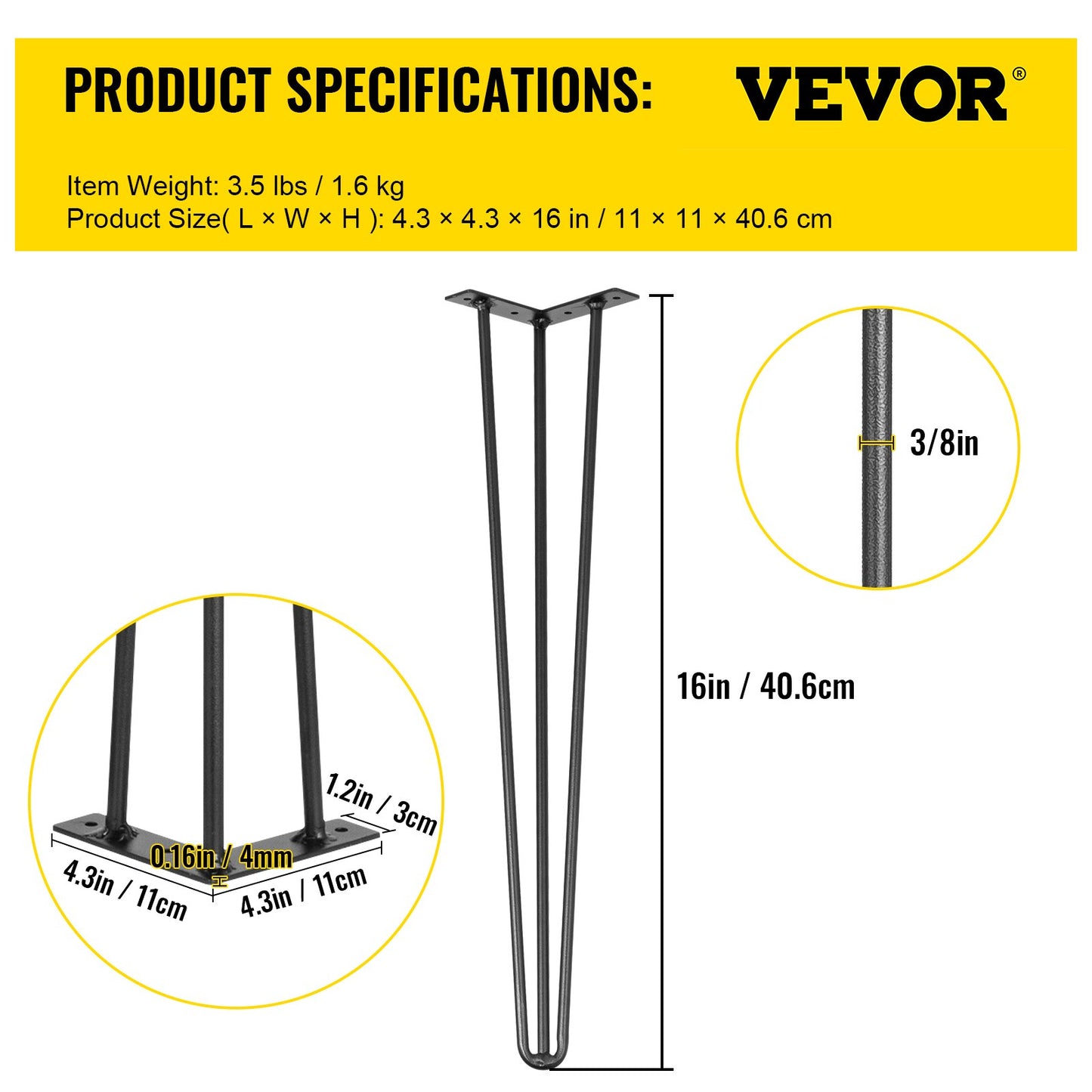 Hairpin Table Legs 16 Inch Black Set of 4 Desk Legs Each 220lbs Capacity Hairpin Table Legs 3 Rods for Bench Desk Table Dining Table Chairs Carbon Steel DIY Table Legs Heavy Duty Furniture Legs