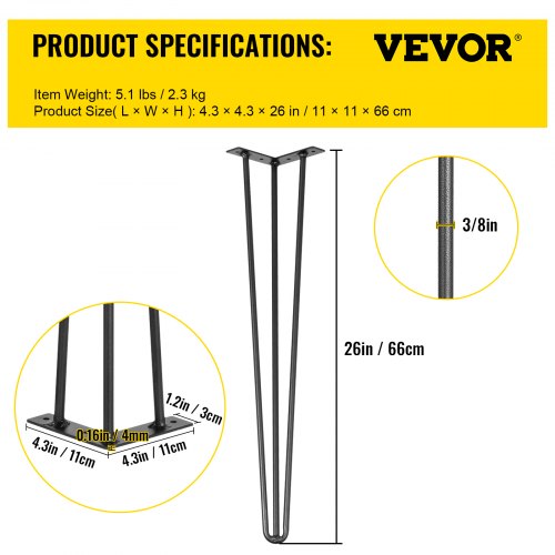 hårnålsbordsben 26 tum, set med 4 DIY bordsben 3 stavar Heavy Duty | EU