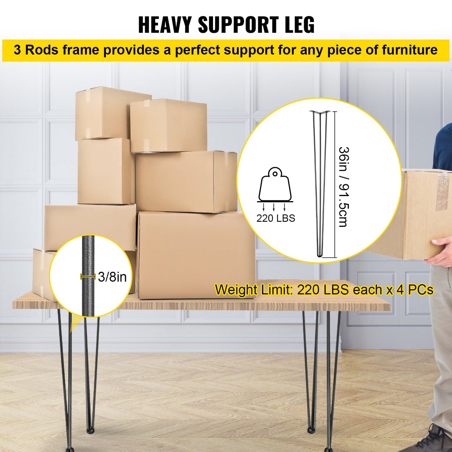 Hairpin Table Legs 36" Black Set of 4 Desk Legs 880lbs Load Capacity (Each 220lbs) Hairpin Table Legs 3 Rods for Bench Desk Table Chairs for Dining Room Table Carbon Steel DIY Heavy Duty Furniture Legs