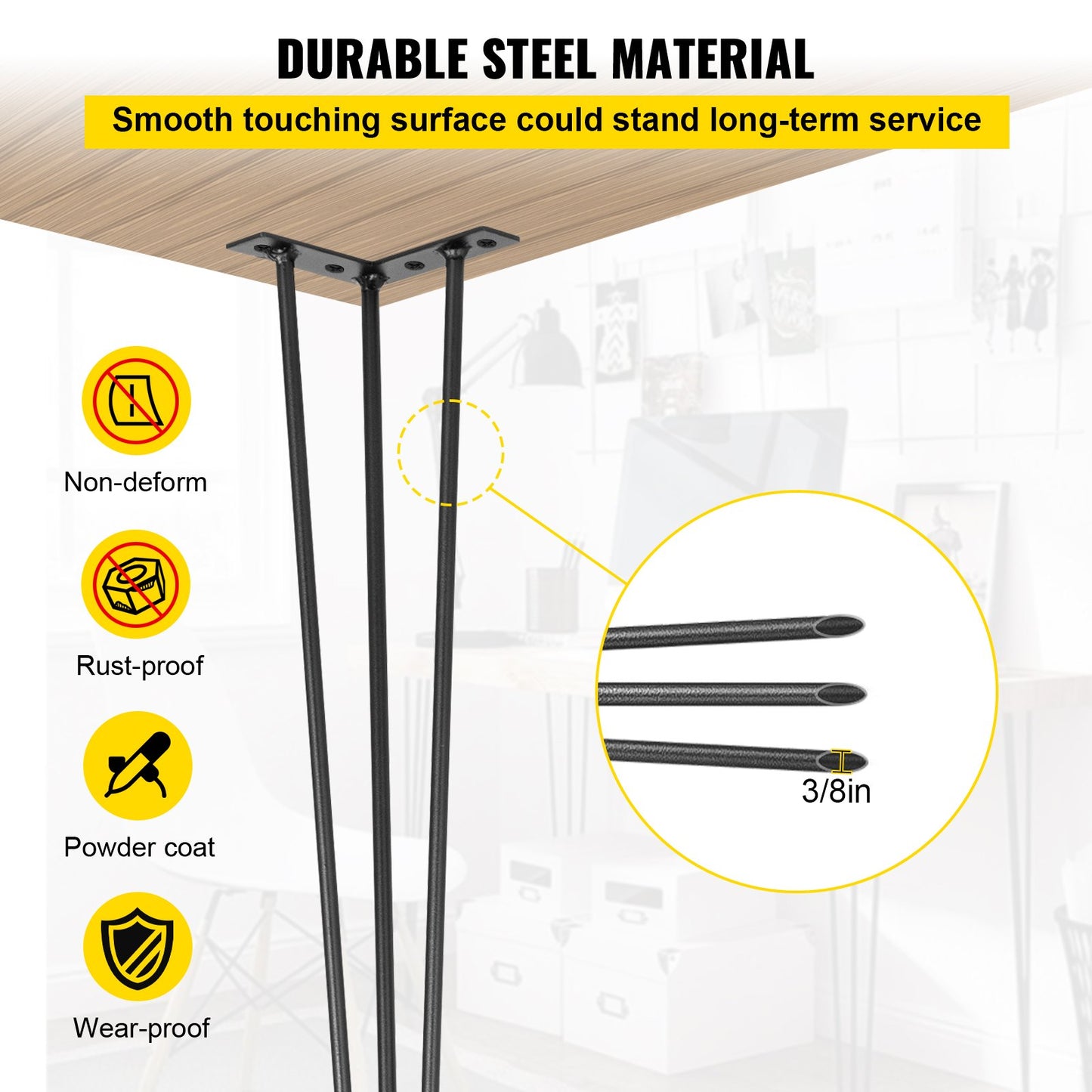 Hairpin Table Legs 36" Black Set of 4 Desk Legs 880lbs Load Capacity (Each 220lbs) Hairpin Table Legs 3 Rods for Bench Desk Table Chairs for Dining Room Table Carbon Steel DIY Heavy Duty Furniture Legs