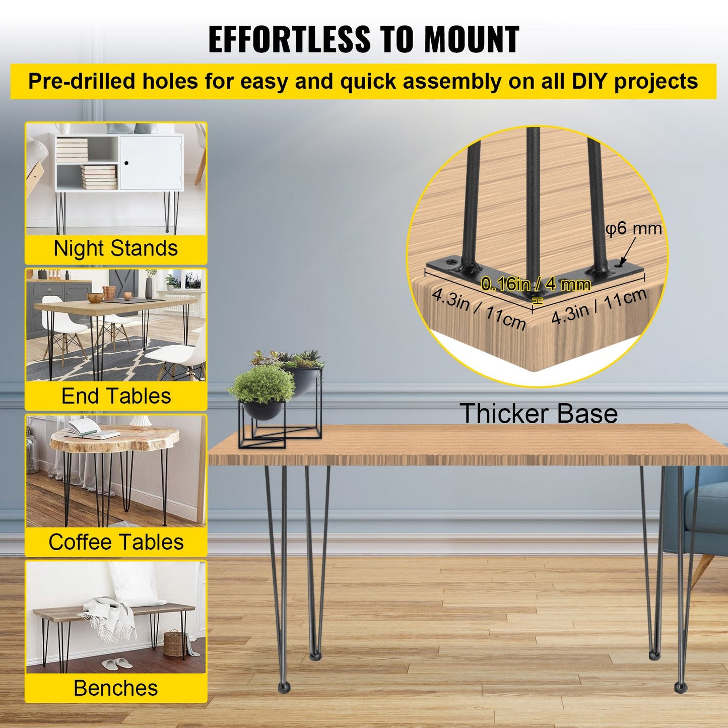 Hairpin Table Legs 36" Black Set of 4 Desk Legs 880lbs Load Capacity (Each 220lbs) Hairpin Table Legs 3 Rods for Bench Desk Table Chairs for Dining Room Table Carbon Steel DIY Heavy Duty Furniture Legs