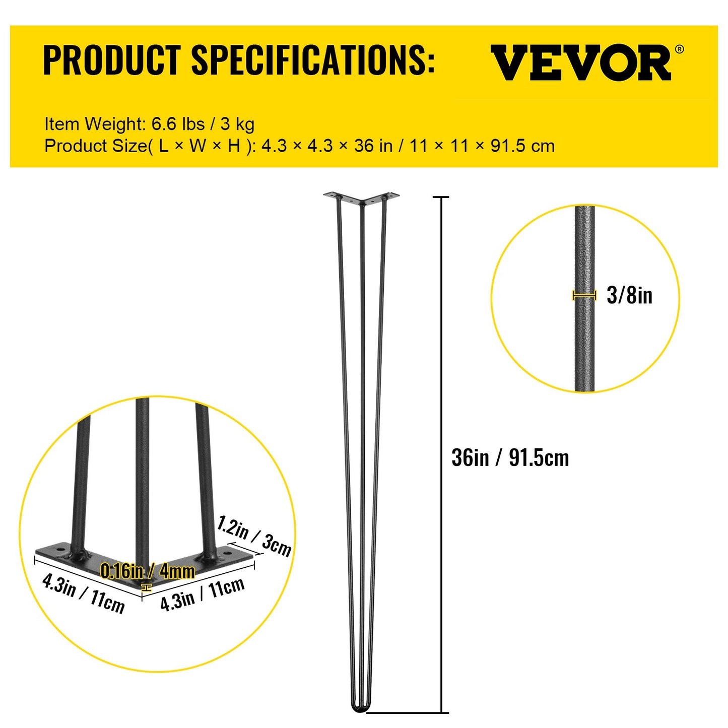 Hairpin Table Legs 36" Black Set of 4 Desk Legs 880lbs Load Capacity (Each 220lbs) Hairpin Table Legs 3 Rods for Bench Desk Table Chairs for Dining Room Table Carbon Steel DIY Heavy Duty Furniture Legs