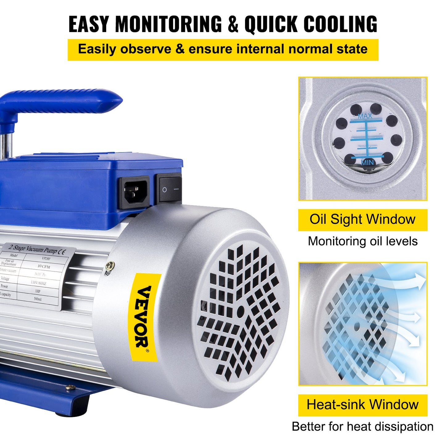 10CFM 2-stegs vakuumpump, 1HP köldmedievakuumpump, luftkonditionering Dubbelstegs AC-konditionering för frysning av matförpackningar Bilreparation Vakuumevakuering(VP280)
