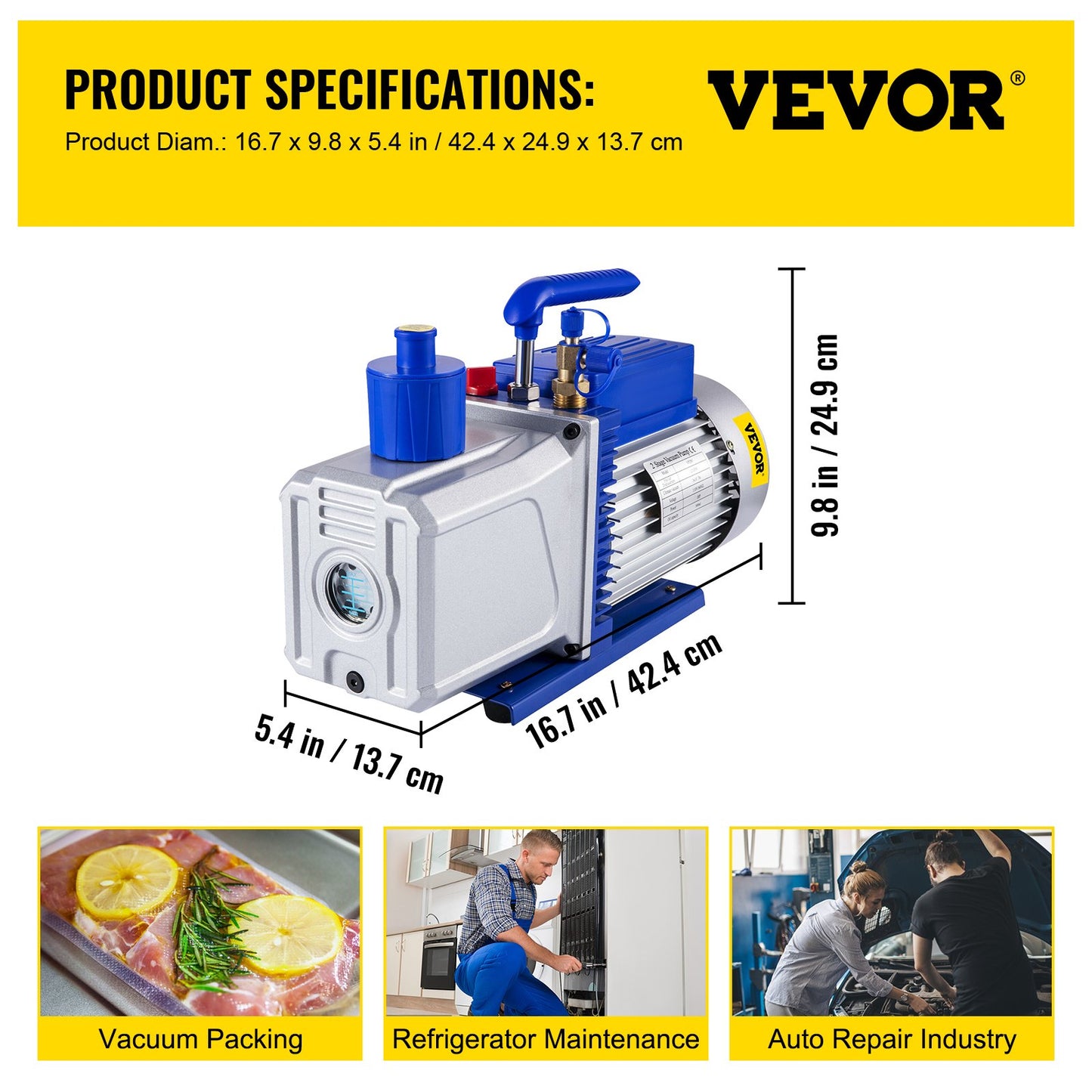 10CFM 2-stegs vakuumpump, 1HP köldmedievakuumpump, luftkonditionering Dubbelstegs AC-konditionering för frysning av matförpackningar Bilreparation Vakuumevakuering(VP280)