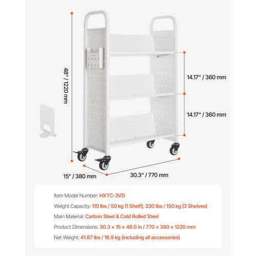 3-Tier Rolling Book Cart Single-Sided V-Shaped Shelf Book Cart in White | EU