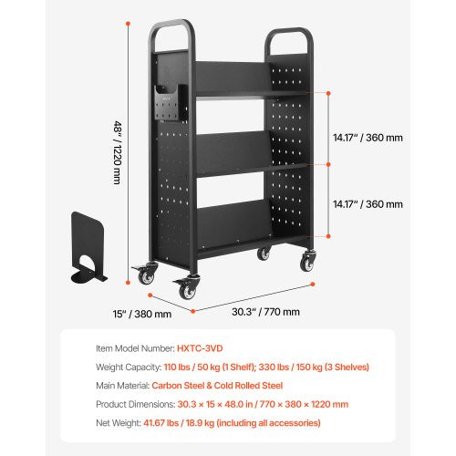 3-Tier Rolling Book Cart Single Sided V-Shaped Shelf Book Cart in Black | EU