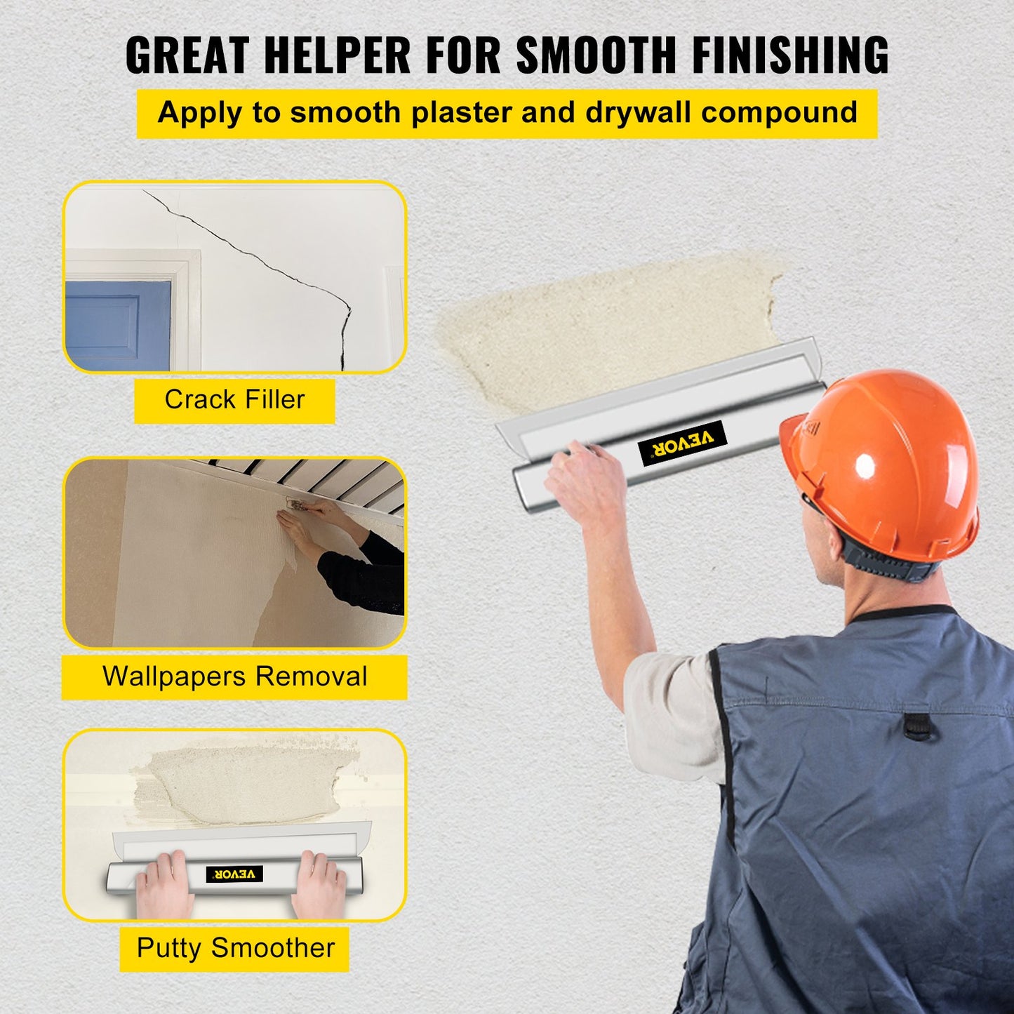 Drywall Skimming Blade, 24-tums utjämnande knock-down kniv, rostfritt stål spackel efterbehandlingsverktyg, slagkraftiga ändlock för Sheetrock Gips Gyprock Wall-board gipsskivor