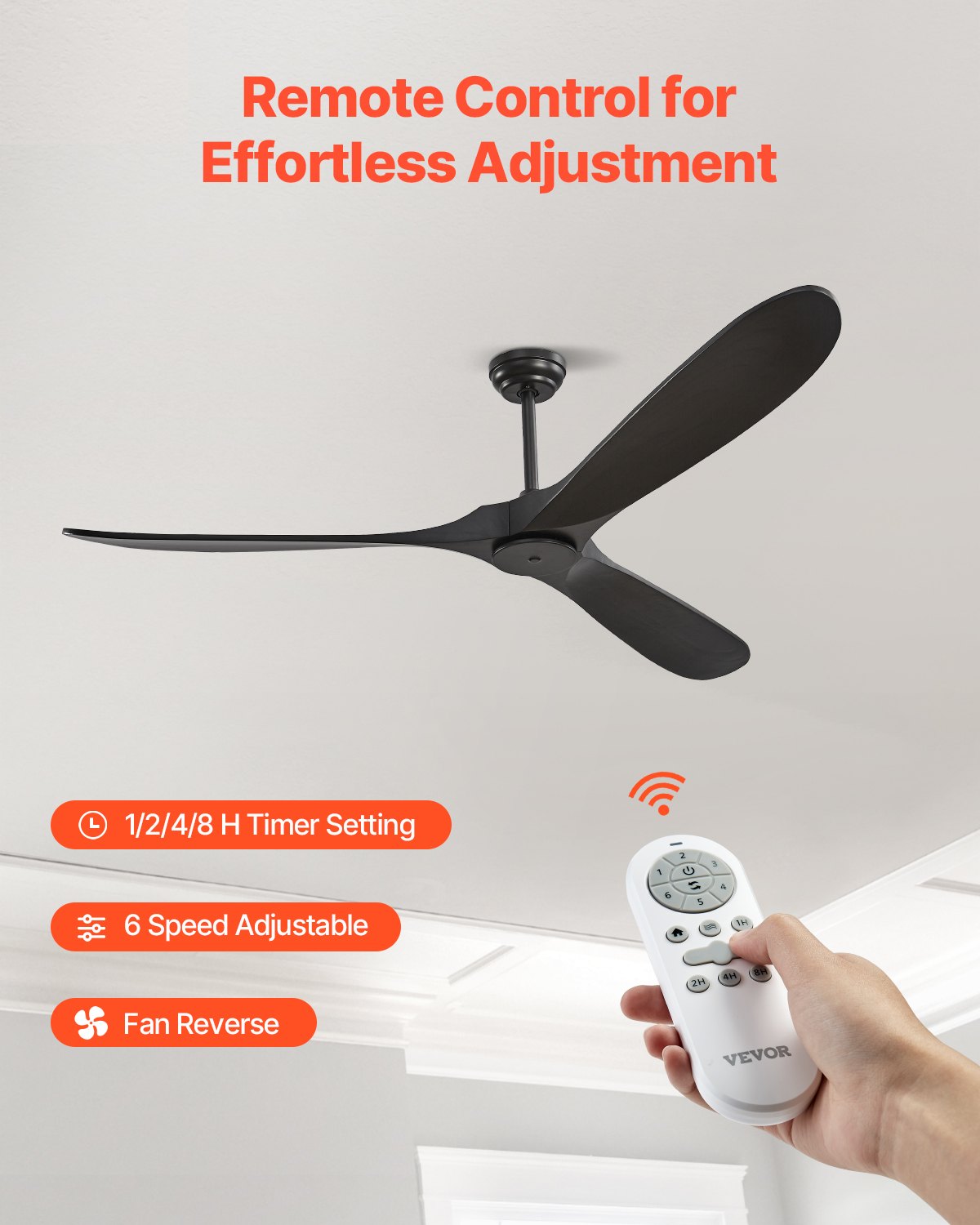 72" Wooden Blade Ceiling Fan No Light Remote Control Reversible Motor Black
