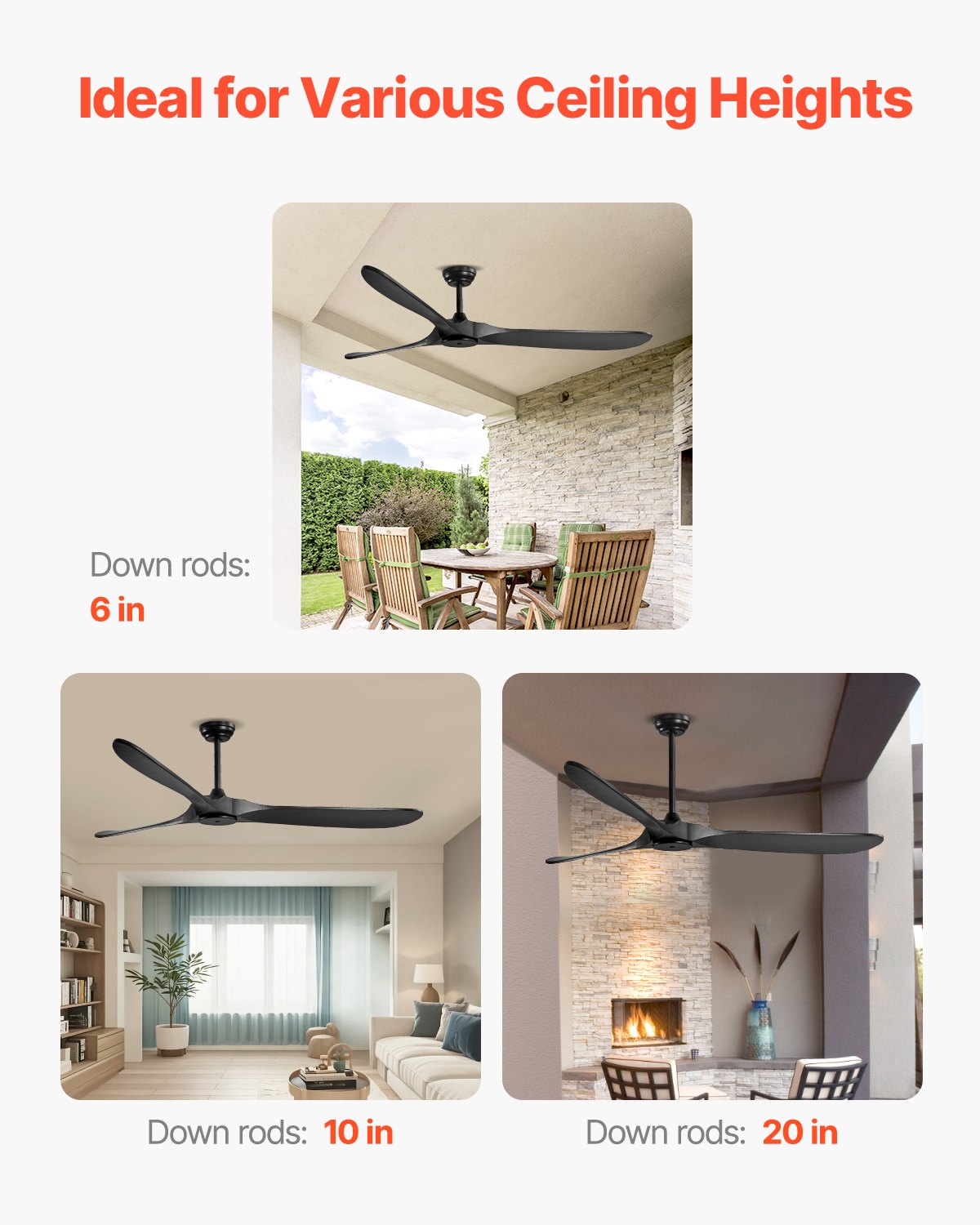 72" Wooden Blade Ceiling Fan No Light Remote Control Reversible Motor Black