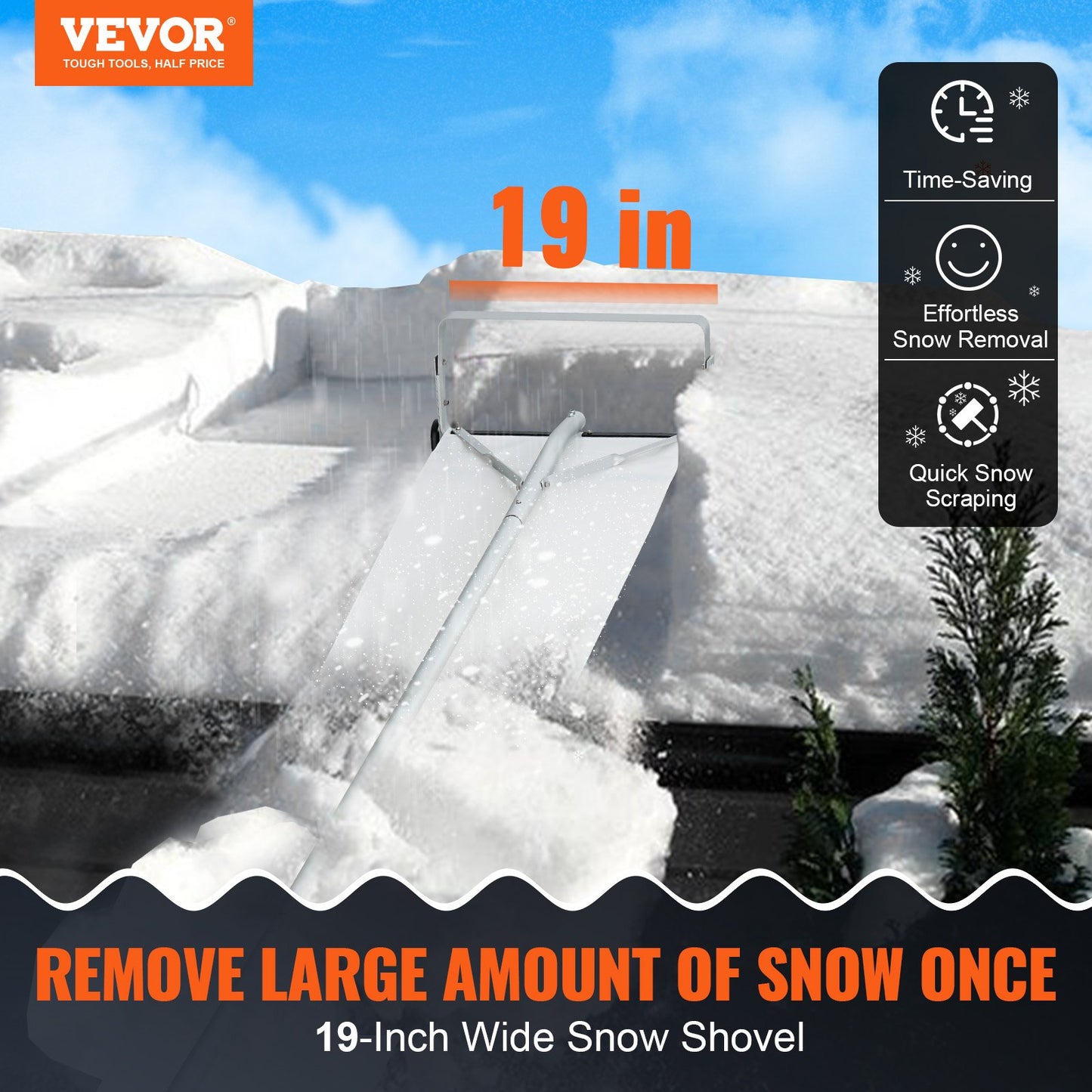Snow Gutter, 30ft Reach Aluminum Roof Shovel with Glide Cloth, Premium 19" Blade Snow Removal Tool, Secure on Roof with Roller Wheels, Anti-Slip Handle, Used for House Roofs, Car Snow, Wet Leaves