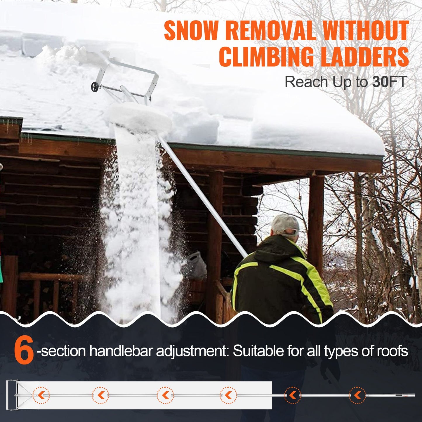 Snow Gutter, 30ft Reach Aluminum Roof Shovel with Glide Cloth, Premium 19" Blade Snow Removal Tool, Secure on Roof with Roller Wheels, Anti-Slip Handle, Used for House Roofs, Car Snow, Wet Leaves
