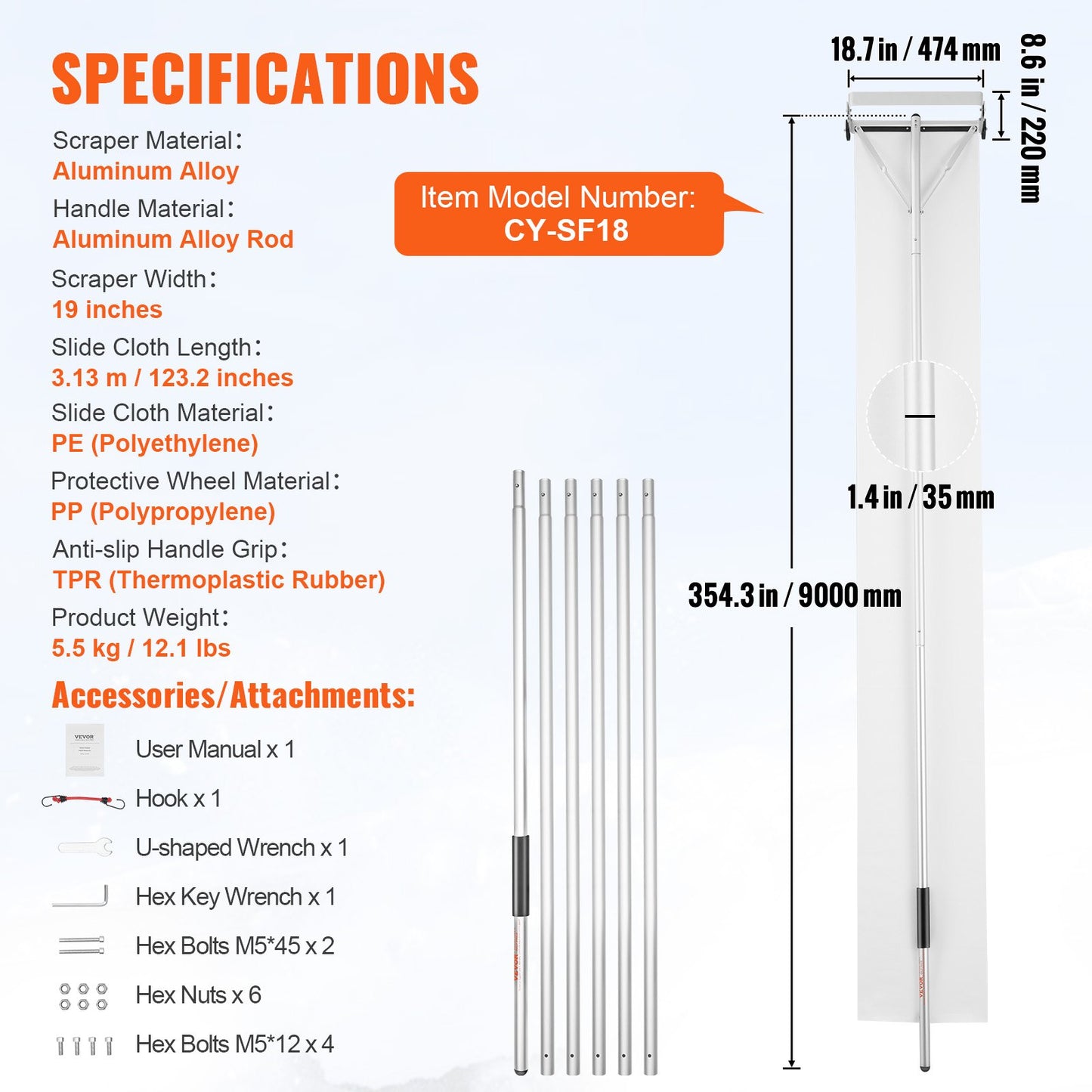 Snow Gutter, 30ft Reach Aluminum Roof Shovel with Glide Cloth, Premium 19" Blade Snow Removal Tool, Secure on Roof with Roller Wheels, Anti-Slip Handle, Used for House Roofs, Car Snow, Wet Leaves