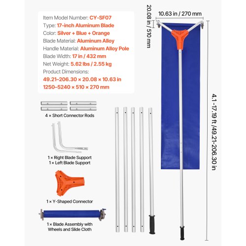 snötakskrapa, 27 cm aluminiumblad, 1,25-5,24 m justerbar takkrappa med hjul och skjutdörr, lätt snöborttagningsverktyg för lövborttagning och skräpborttagning på hustak | EU