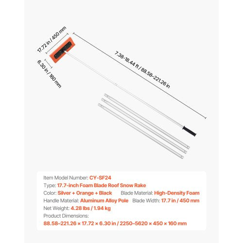 snötakskrapa, 45 cm skumblad, 2,25-5,62 m justerbar snöskrapa, förlängningsrör och halkfritt handtag, lätt snöborttagningsverktyg för lövborttagning och skräpborttagning | EU