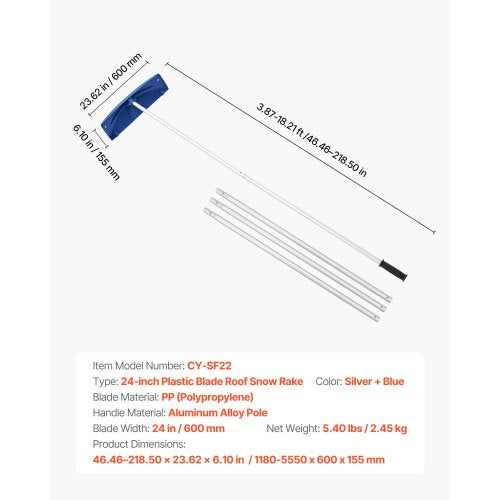 snötakskrapa, 60 cm PP-plastblad, 1,18-5,55 m justerbar taksnöskrapa med hjul, halkfritt handtag för snöborttagning, lätt takskrapa för lövborttagning | EU