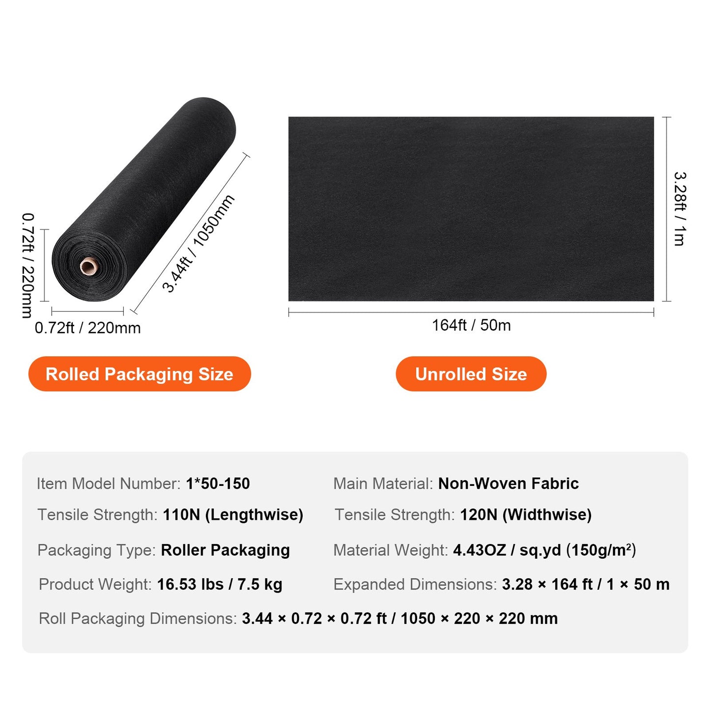 Driveway Fabric, 3.28x164FT Nonwoven Geotextile Fabric for Landscaping, Heavy Duty Garden Weed Barrier Fabric, 4.43OZ Landscape Fabric, French Drains Drainage Fabric, Ground Cover Weed Control