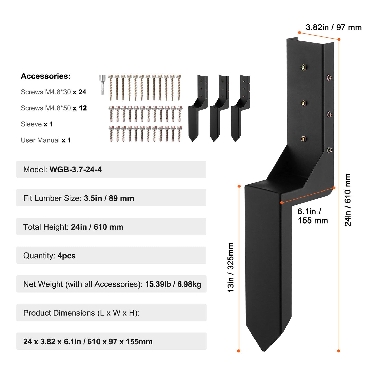 Fence Post Ankare Reparationssats, 4 Pack Innerdiameter 3,5 x3,5 Inches Heavy Duty Stängselstolpe Stödstakar, Ankare Ground Spike för reparation Tiltad, Trasig Staketstolpe, Enveloping