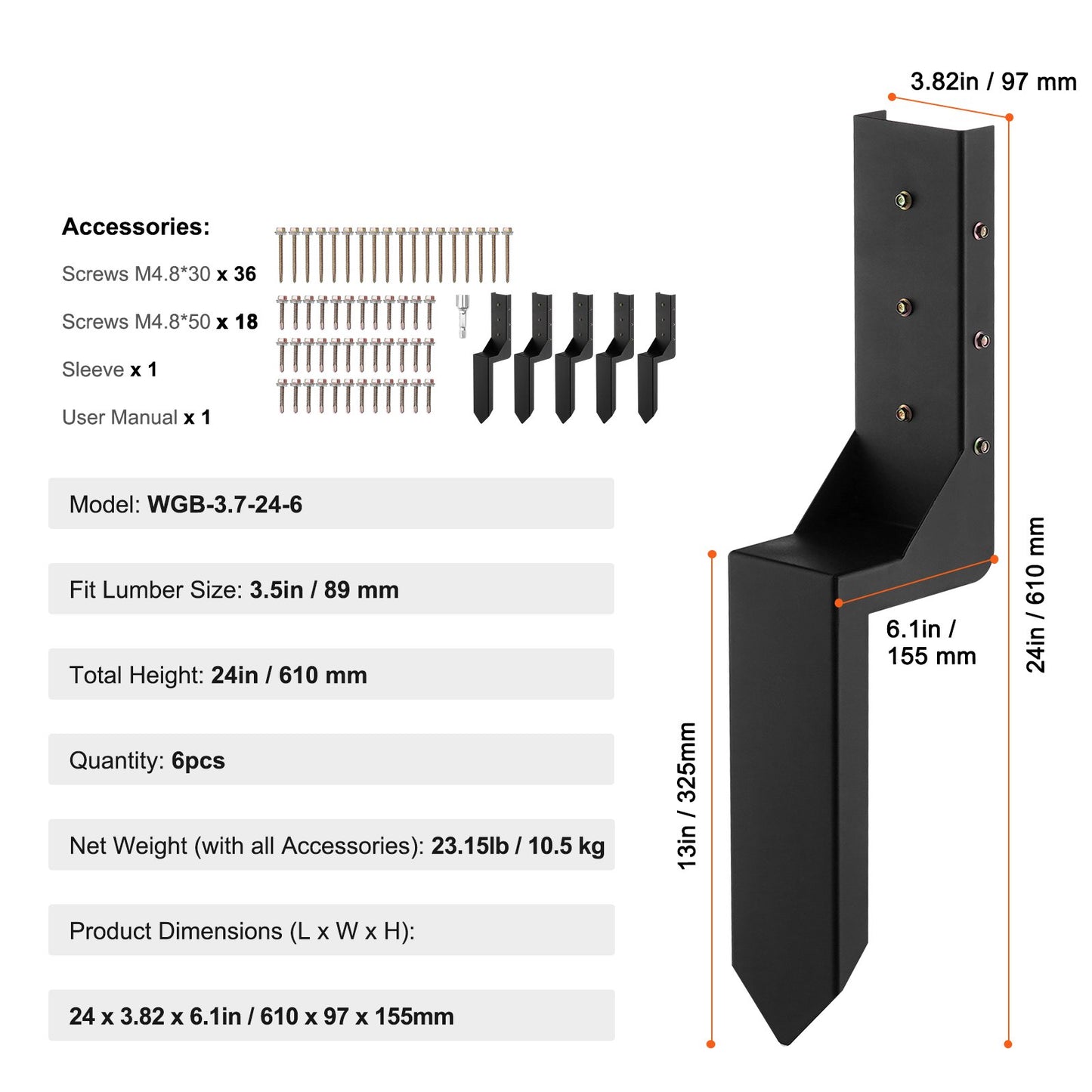 Fence Post Ankare Reparationssats, 6 Pack Innerdiameter 3,5 x3,5 Inches Heavy Duty Stängsel Stolpe Stödstakar, Ankare Ground Spike för reparation Tiltad, Trasig Trä Stängselstolpe, Enveloping