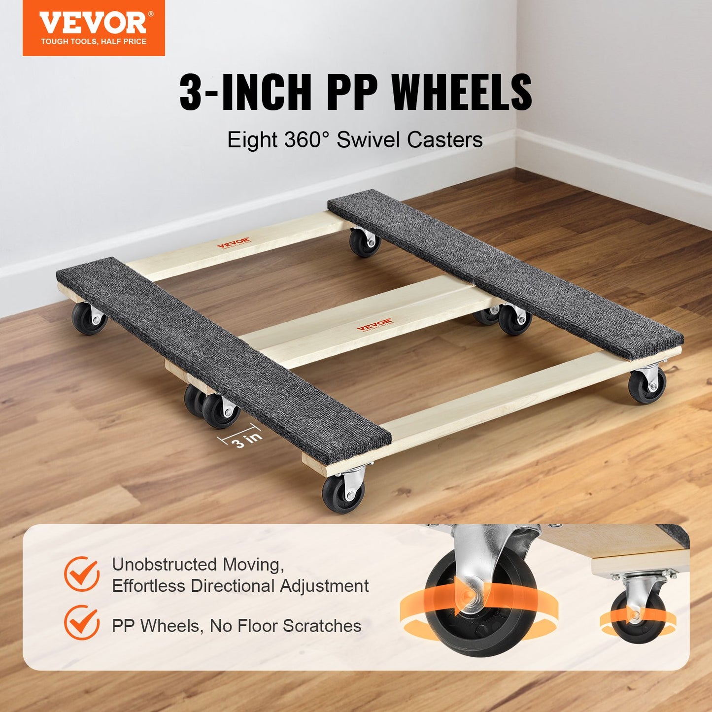 Furniture Dolly, 1000 lbs varje lastkapacitet, 2 paket, 18" x 30", 8 x 3" PP svängbara hjul, kraftiga hårdträmöbler Moving Dolly, Mover's Dolly, flyttvagn med hjul för tunga möbler