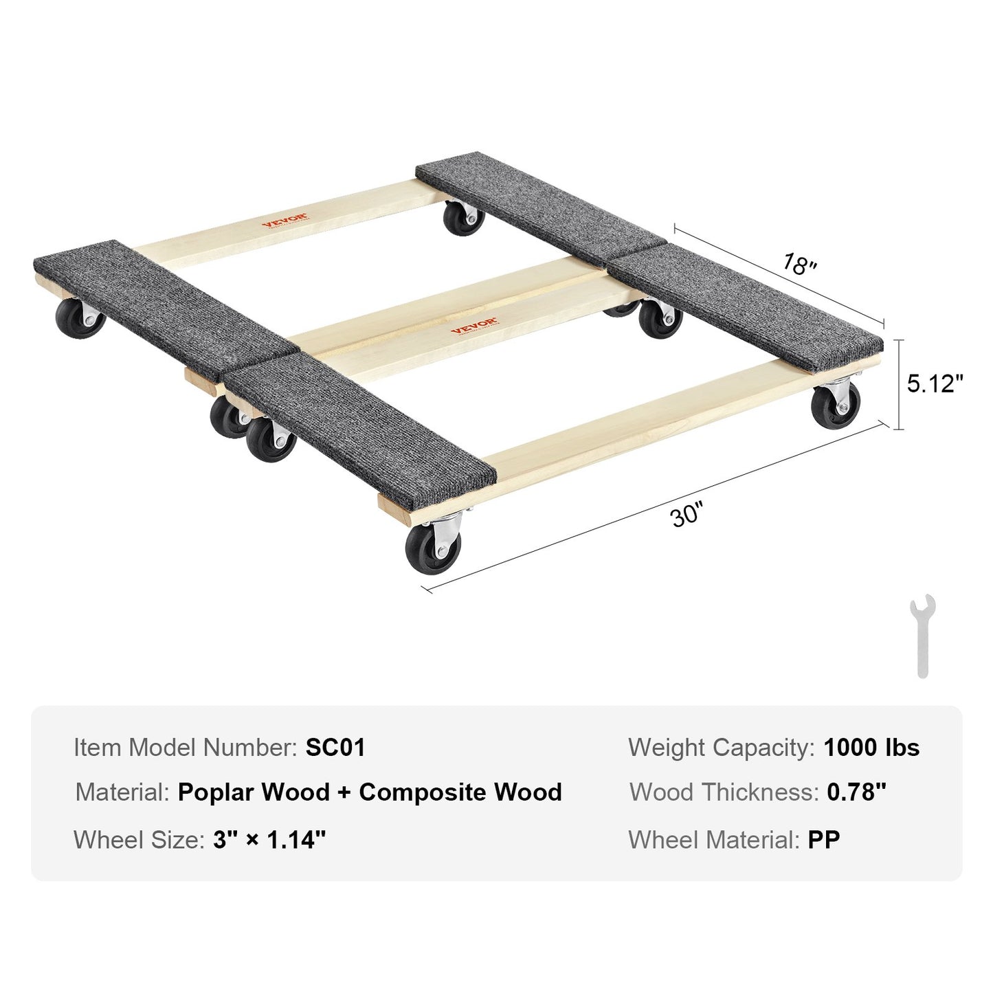 Furniture Dolly, 1000 lbs varje lastkapacitet, 2 paket, 18" x 30", 8 x 3" PP svängbara hjul, kraftiga hårdträmöbler Moving Dolly, Mover's Dolly, flyttvagn med hjul för tunga möbler