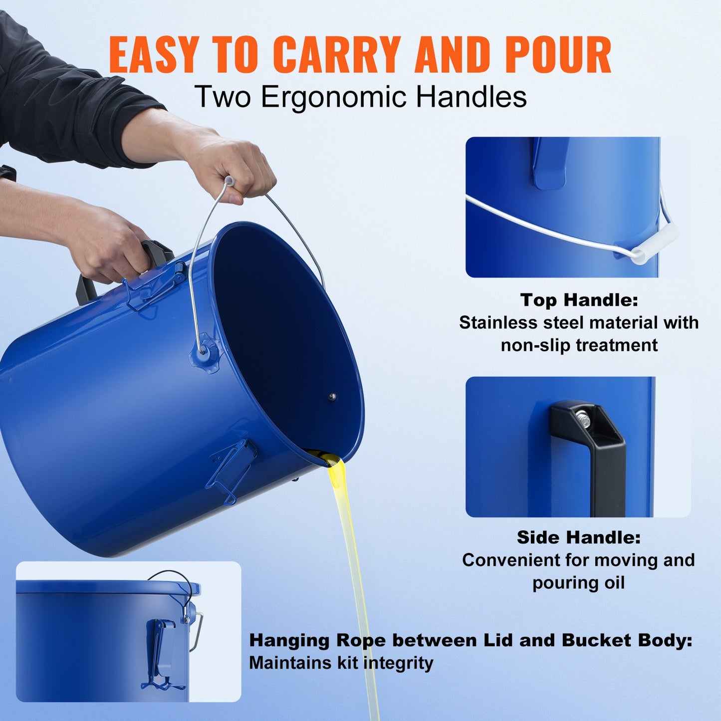 Fryer Grease Bucket, 6 Gal Oil Waste Caddy Carbon Steel Fryer Oil Bucket with Rustproof Coating, Oil Transport Container with Lid, Locking Clips, Filter Bag for Hot Cooking Oil Filtration, Blue