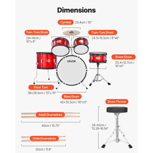 Children's Drum Set 5-Piece Junior Musical Drum Set with 16-inch Bass Drum (Red)