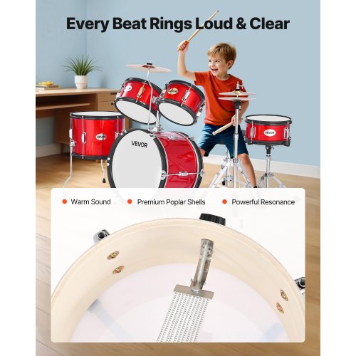 Children's Drum Set 5-Piece Junior Musical Drum Set with 16-inch Bass Drum (Red)