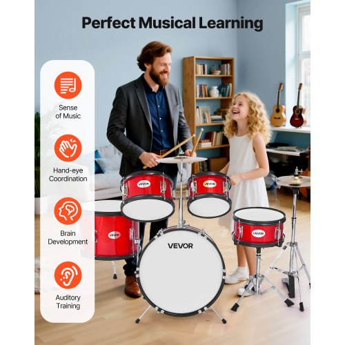 Children's Drum Set 5-Piece Junior Musical Drum Set with 16-inch Bass Drum (Red)
