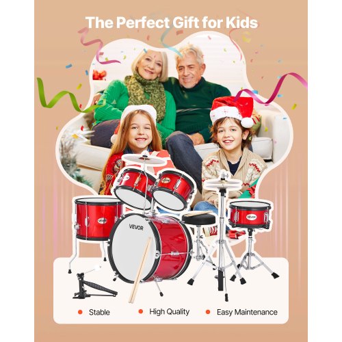 Children's Drum Set 5-Piece Junior Musical Drum Set with 16-inch Bass Drum (Red)