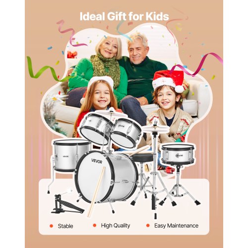 Children's Drum Set 5-Piece Beginner Drum Set with 16-Inch Bass Drum (Silver)